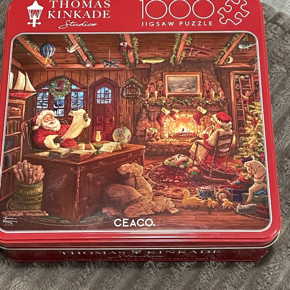 Thomas Kinkade Cozy Santa Workshop Puzzle Tin - Red